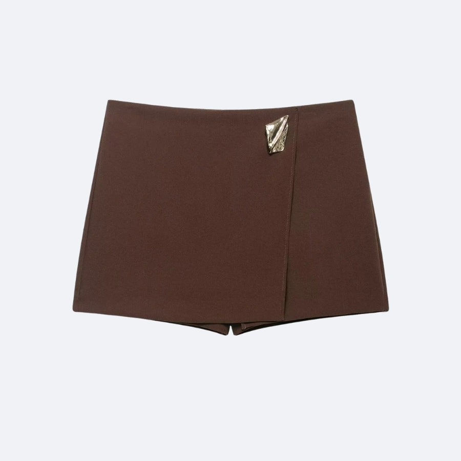 Asymmetrical skort with gold detail – Chocolate brown
