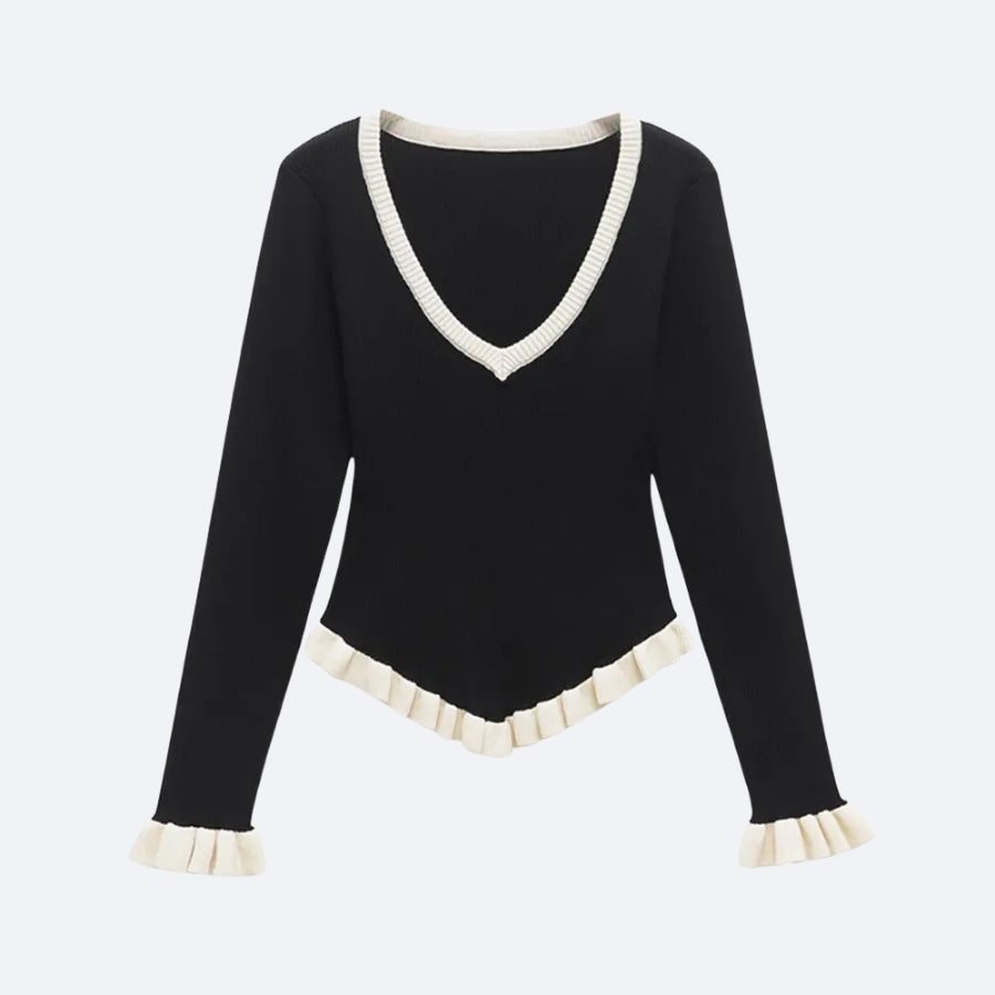 Pull Noir à Volants Contrastés