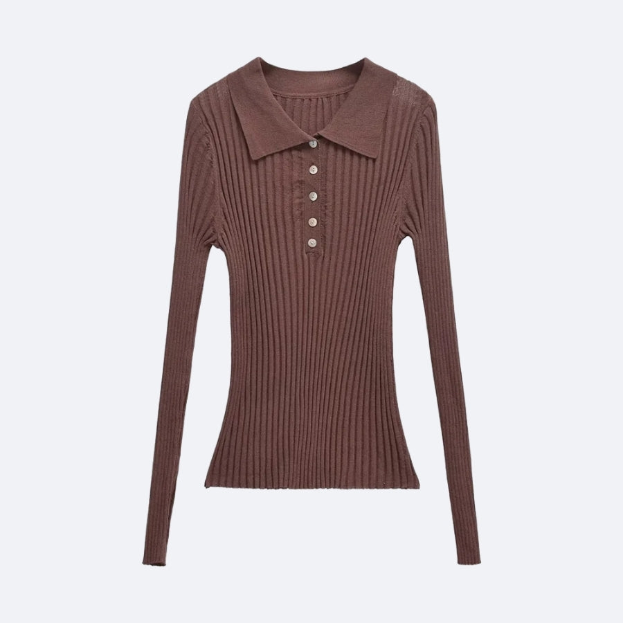 Pull Côtelé Marron à Col Polo – Élégance Décontractée