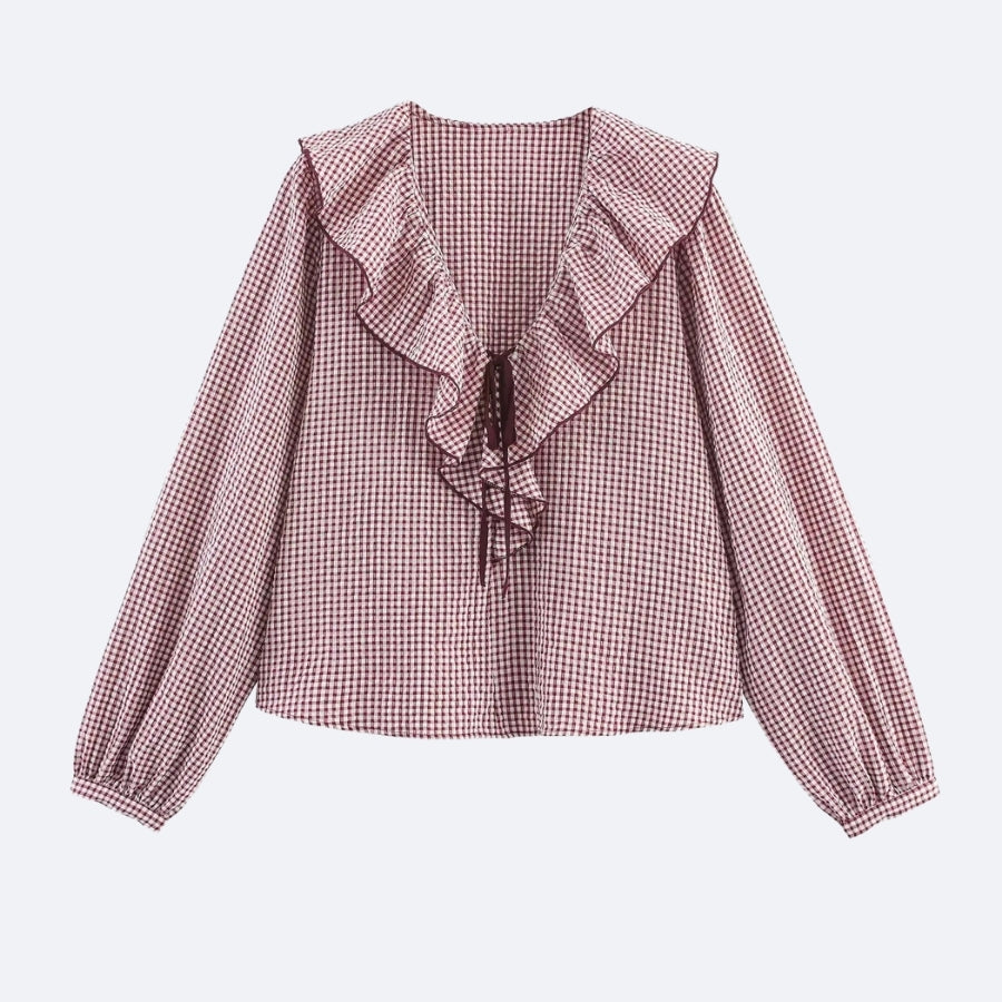 Checkered Blouse with Ruffles – Romantic & Elegant