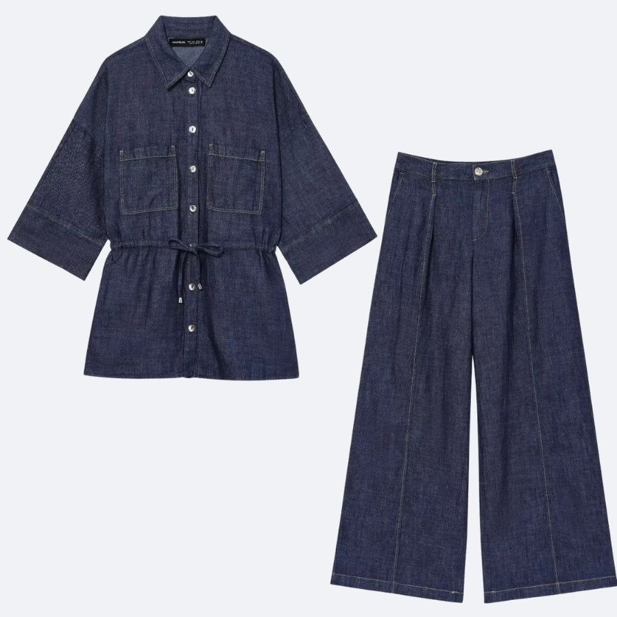 Denim Set – Belted Jacket & Wide Leg Trousers