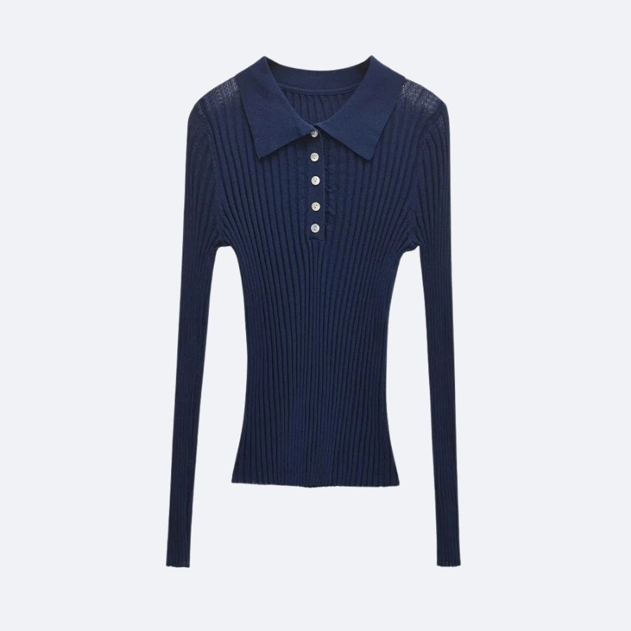 Pull Côtelé Bleu Marine à Col Polo – Élégance Décontractée
