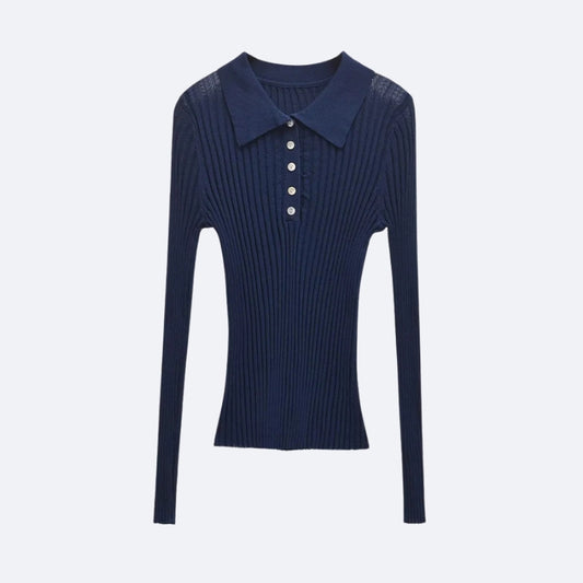 Pull Côtelé Bleu Marine à Col Polo – Élégance Décontractée