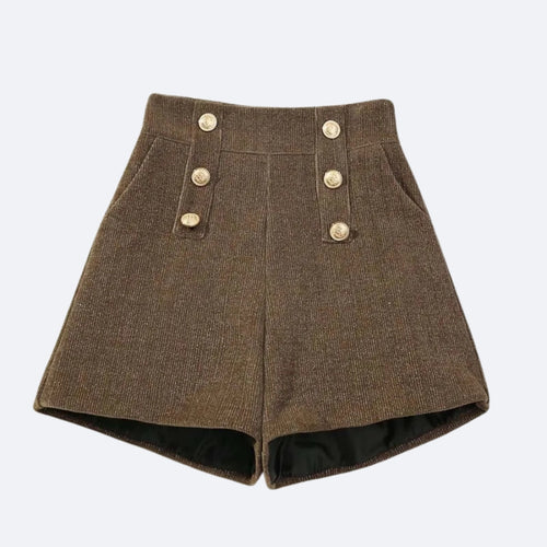 Short Structuré à Boutons Dorés – Marron