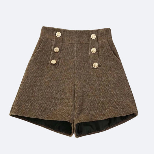 Short Structuré à Boutons Dorés – Marron