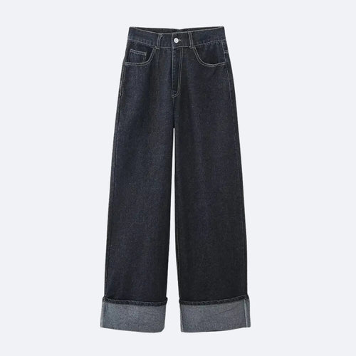 Pantalon Large en Jean avec Revers
