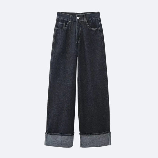 Pantalon Large en Jean avec Revers