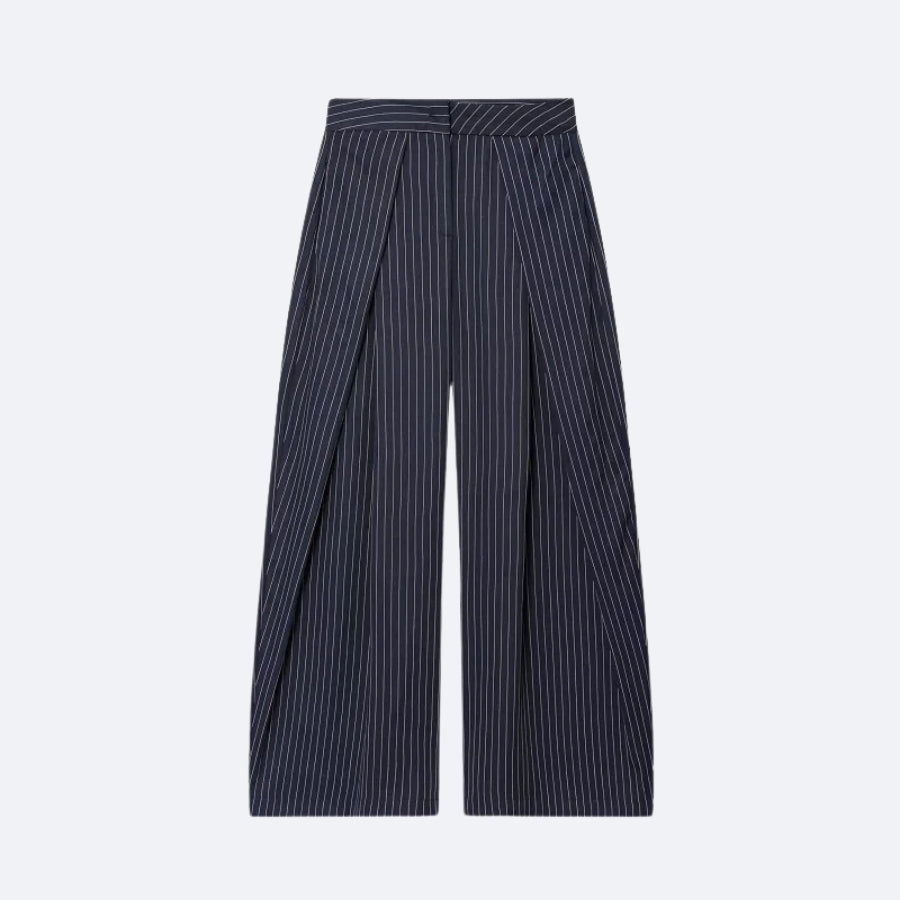 Pantalon Large Rayé Bleu Marine – Élégance Structurée et Style Moderne