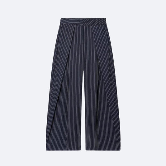 Pantalon Large Rayé Bleu Marine – Élégance Structurée et Style Moderne