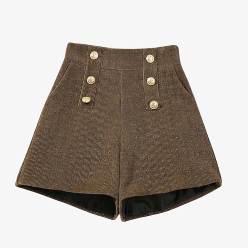 Short Structuré à Boutons Dorés – Marron