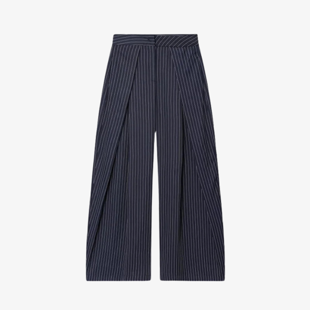 Pantalon Large Rayé Bleu Marine – Élégance Structurée et Style Moderne