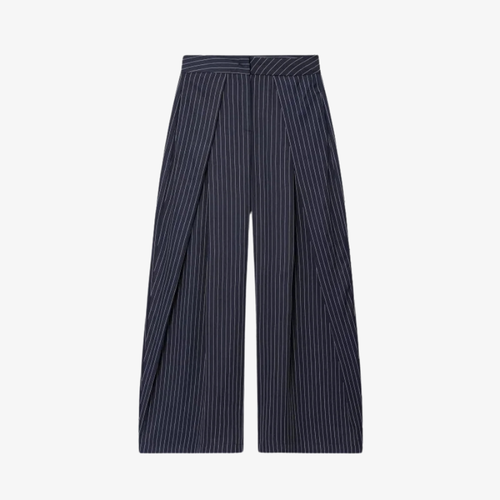 Pantalon Large Rayé Bleu Marine – Élégance Structurée et Style Moderne