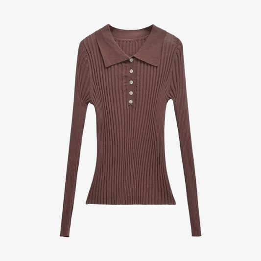 Brown Ribbed Polo Neck Sweater – Casual Elegance