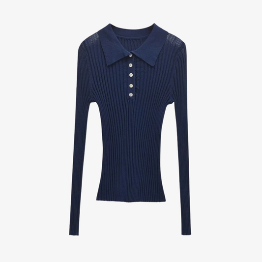 Navy Blue Ribbed Polo Neck Sweater – Casual Elegance