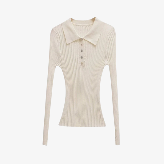 Ribbed Polo Collar Sweater – Ecru 