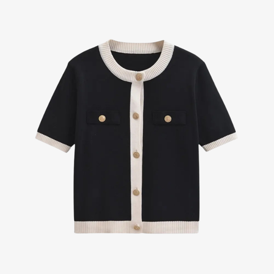 Two-Tone Short-Sleeve Cardigan – Elegant Style