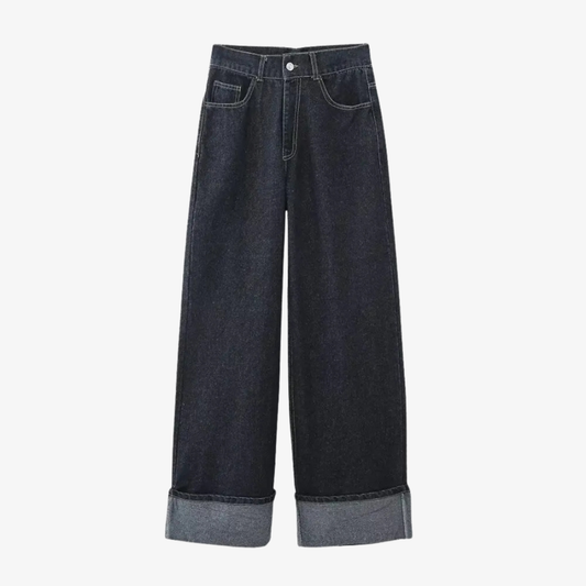 Wide Leg Denim Trousers with Turn-Ups