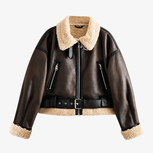 Fur-Lined Aviator Jacket – Dark Brown