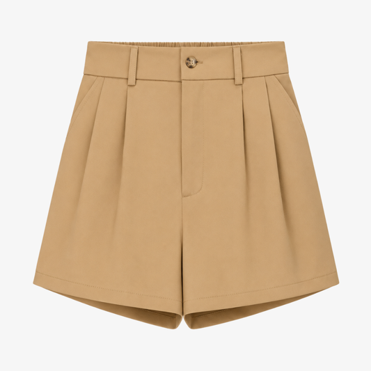 High-Waisted Pleated Shorts – Classic Beige