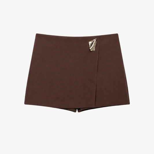 Asymmetrical skort with gold detail – Chocolate brown